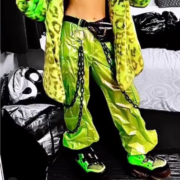 Lime green parachute pants kandi kid wide leg y2k cyberpunk rave edc edm shuffle - Picture 1 of 7